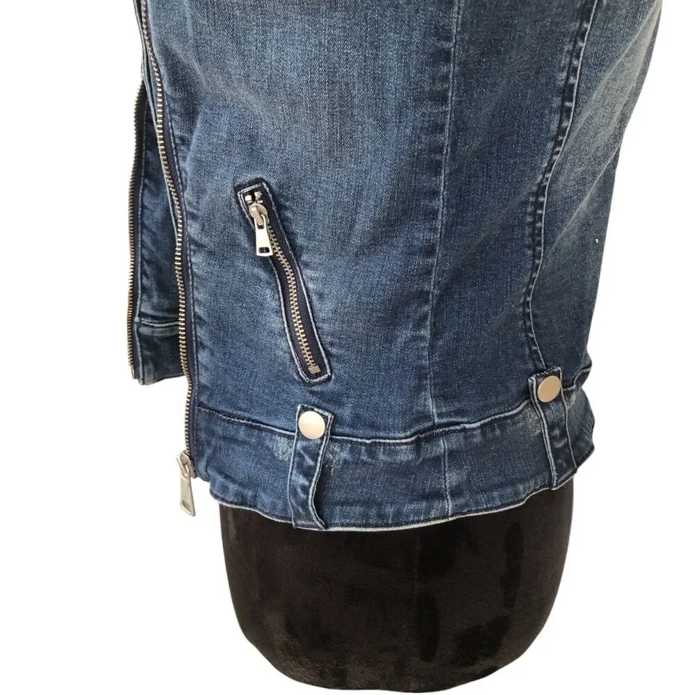 Bebe Rhinestone Embellished Stretchy Retro Y2K Denim‎ Moto Jacket Size S - Picture 7 of 14